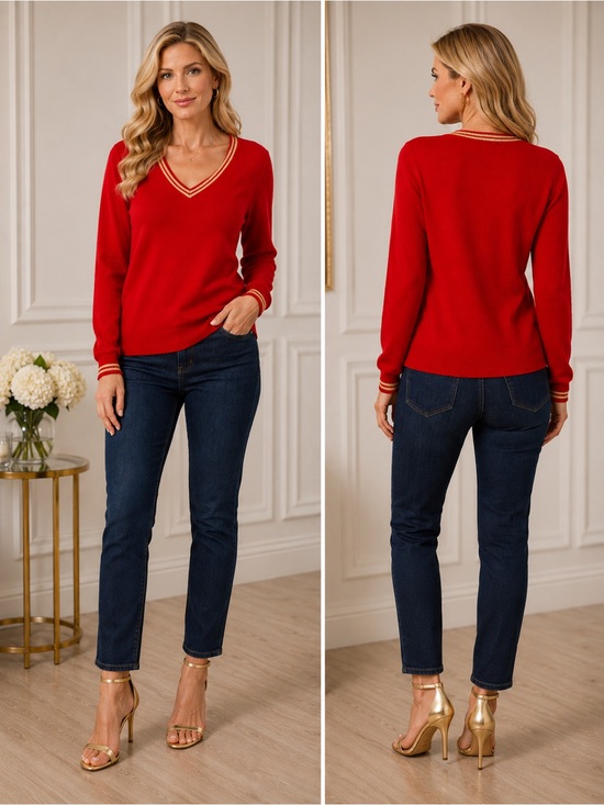 Tommy Hilfiger Sweaters - Tommy Hilfiger Red V-Neck Sweater with Gold Metallic Trim – Size XL